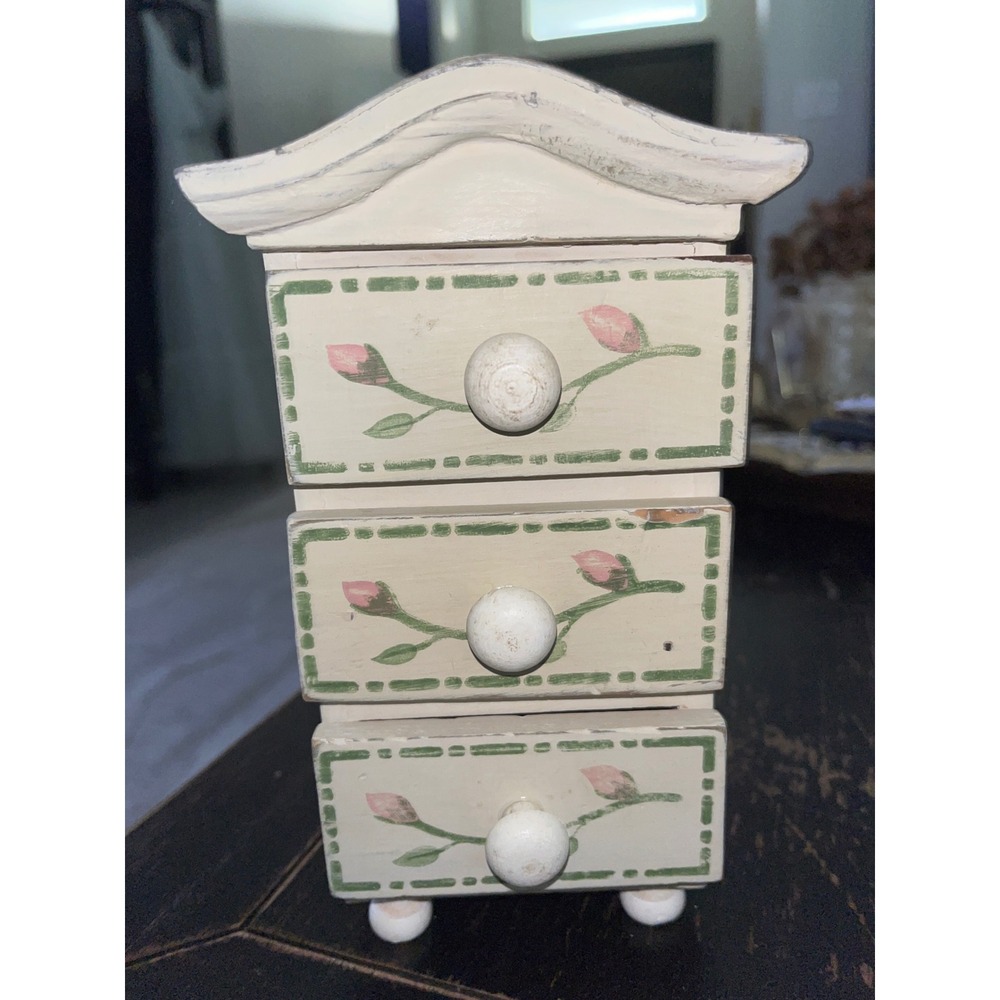 Vintage Hand Painted Floral Wooden Mini Chest 3 Drawers Jewelry Trinket Box Rose